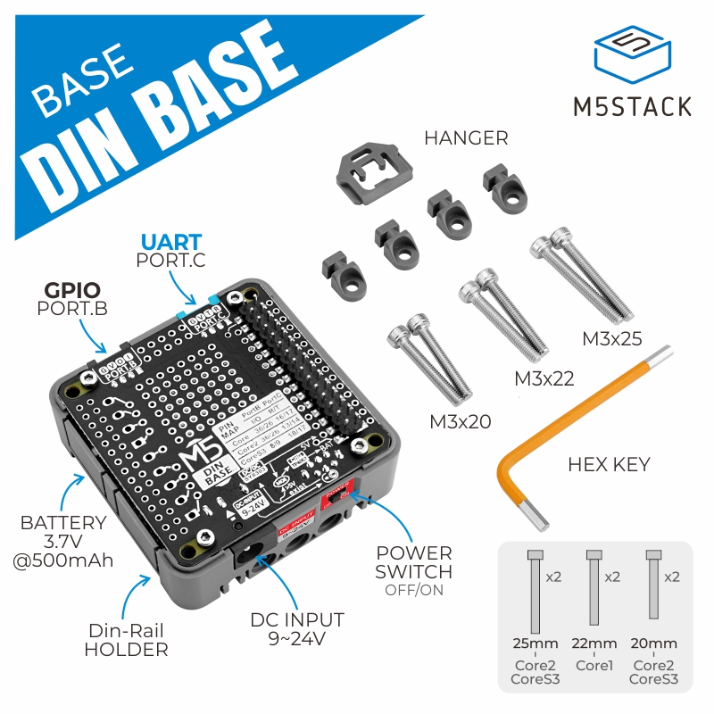M5Stack Core2 - Offizielle M5Stack-Din-Basis mit 500-mAh-Akku